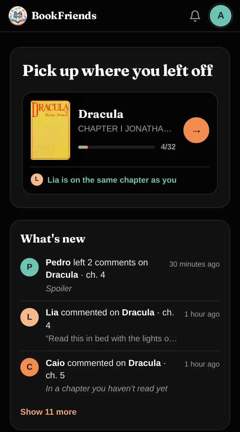BookFriends on a phone: the card to pick up where you left off and what friends did lately