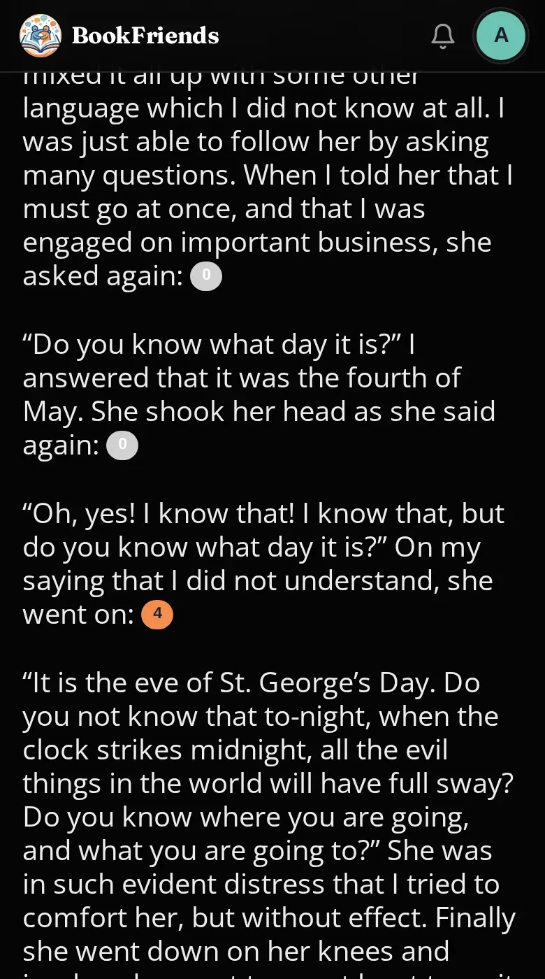 BookFriends on a phone: a chapter of Dracula with a comment bubble after each paragraph
