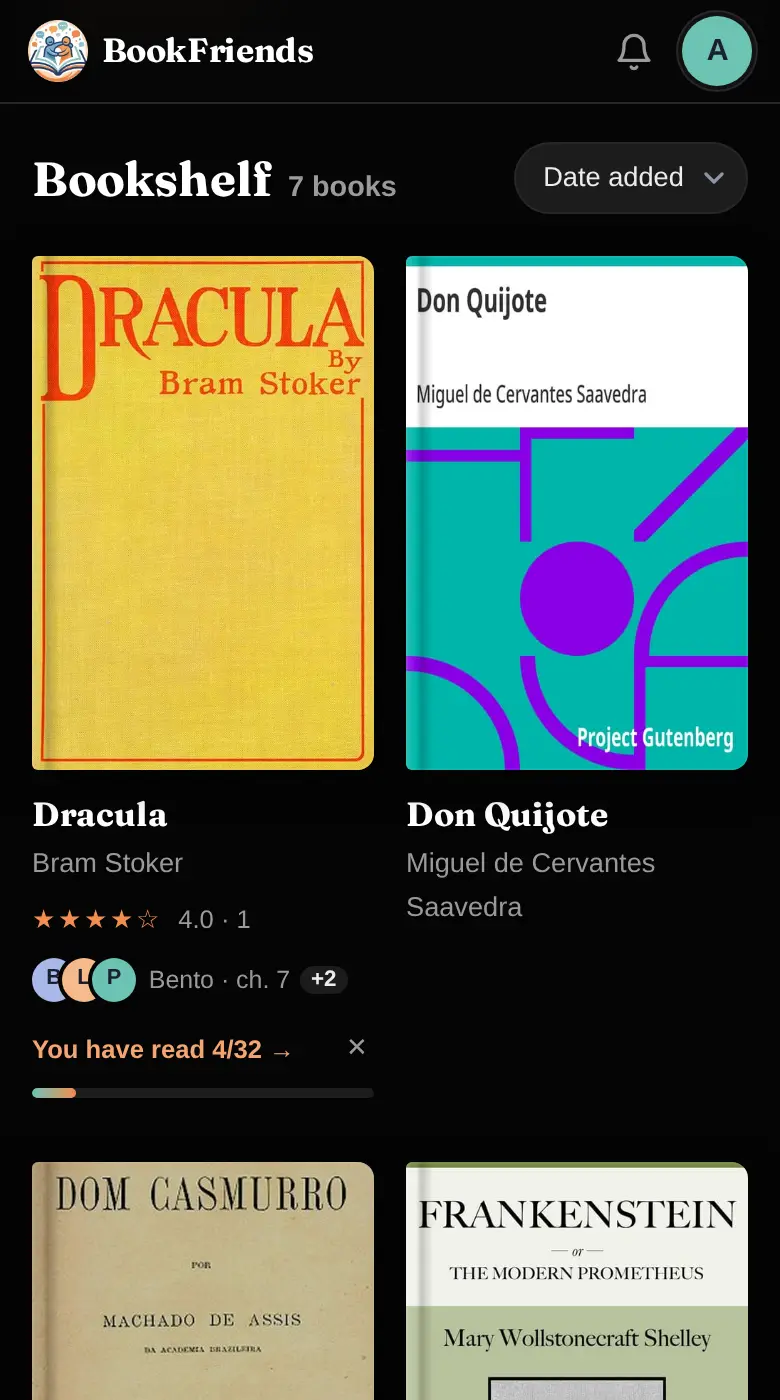 BookFriends on a phone: the bookshelf, with the initials of the friends reading each book