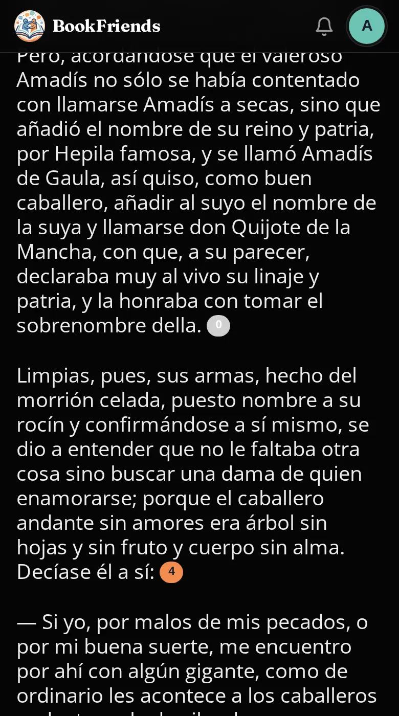 BookFriends en el teléfono: un capítulo de Don Quijote de la Mancha con una burbuja de comentarios después de cada párrafo