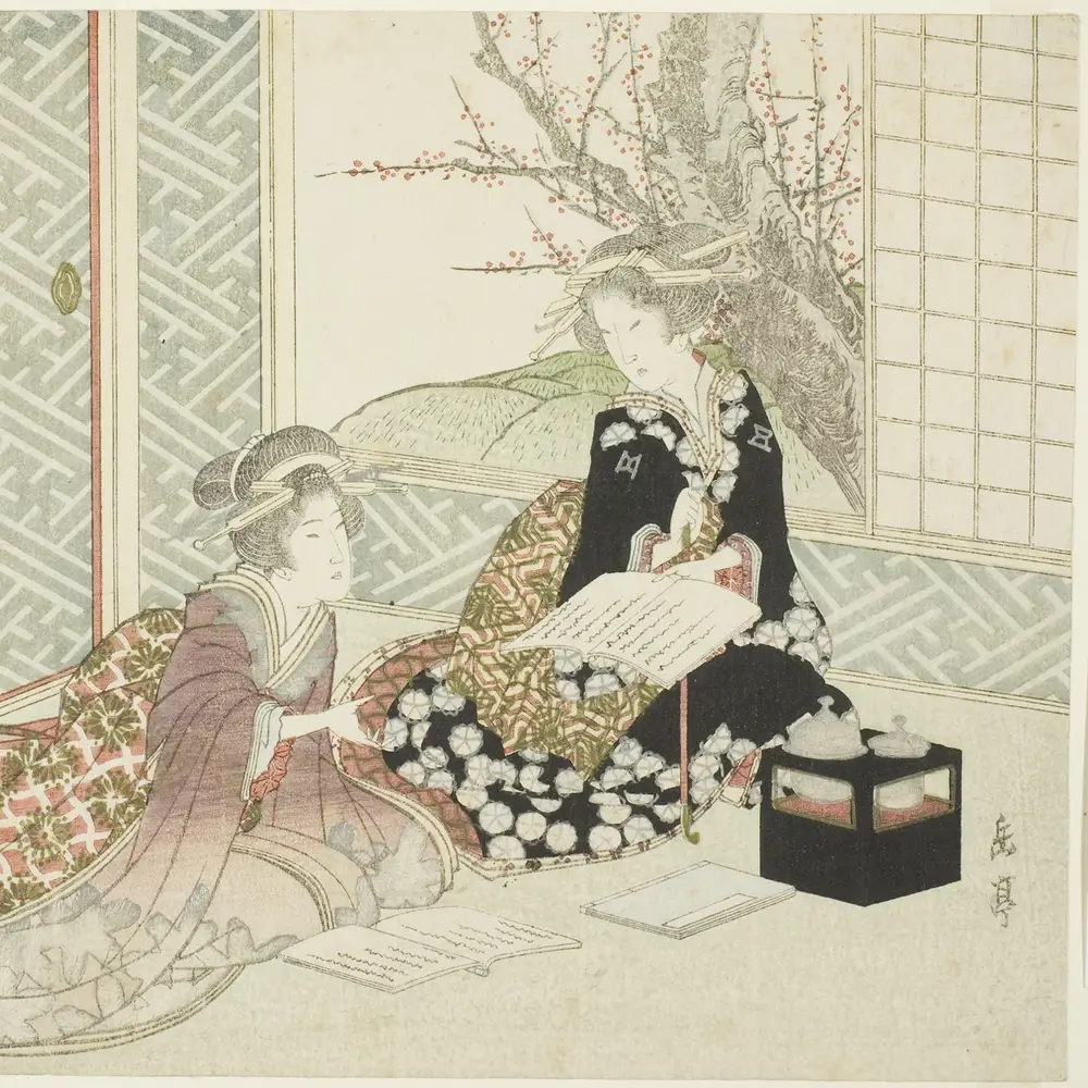 Two Women Reading, a Japanese woodblock print by Yashima Gakutei: two women in kimonos read the same page, one pointing at a line