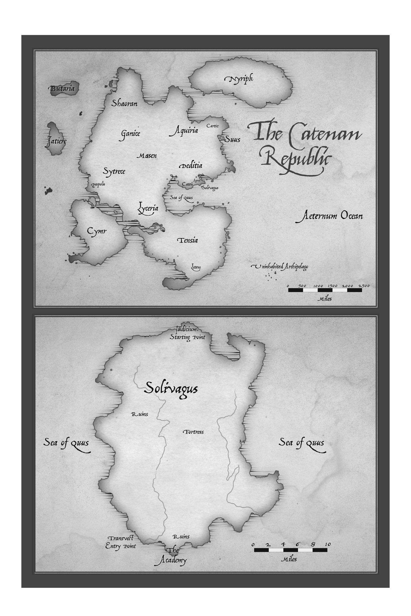 A pair of maps depicting the fictional regions of The Catenan Republic and Solivagus, showing labeled cities, regions, and geographical features.